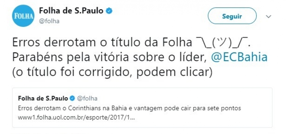 Jornal pede desculpas após tratar vitória do Bahia sobre o Corinthians como [Jornal pede desculpas após tratar vitória do Bahia sobre o Corinthians como