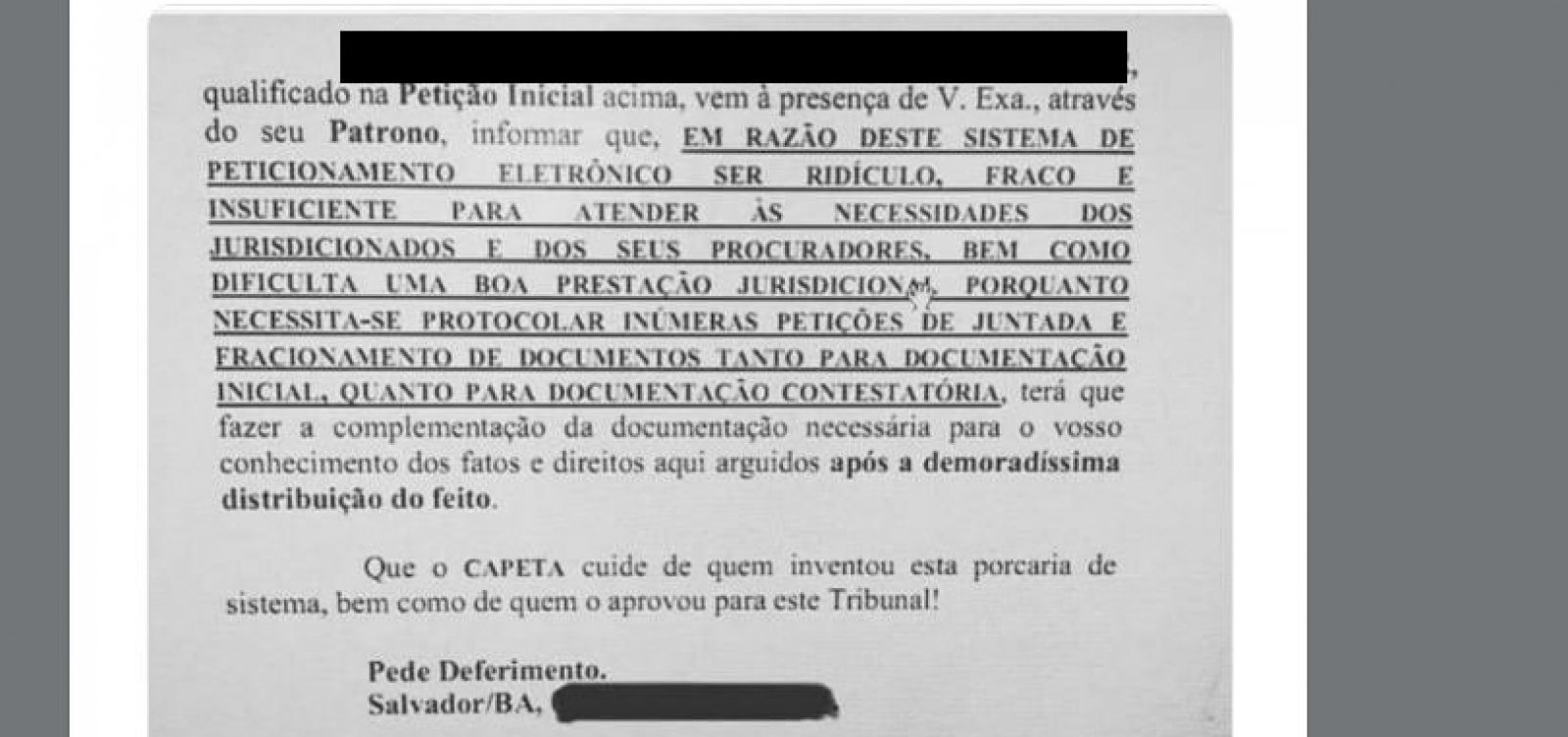 [Em petiÃ§Ã£o, advogado baiano pede que 'capeta' cuide de quem aprovou PJE]